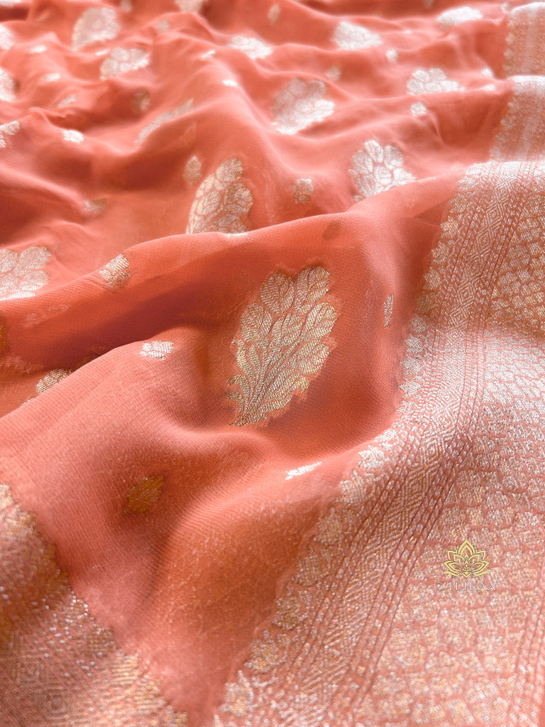 Salmon Peach Banarasi Khaddi Weaved Georgette Saree