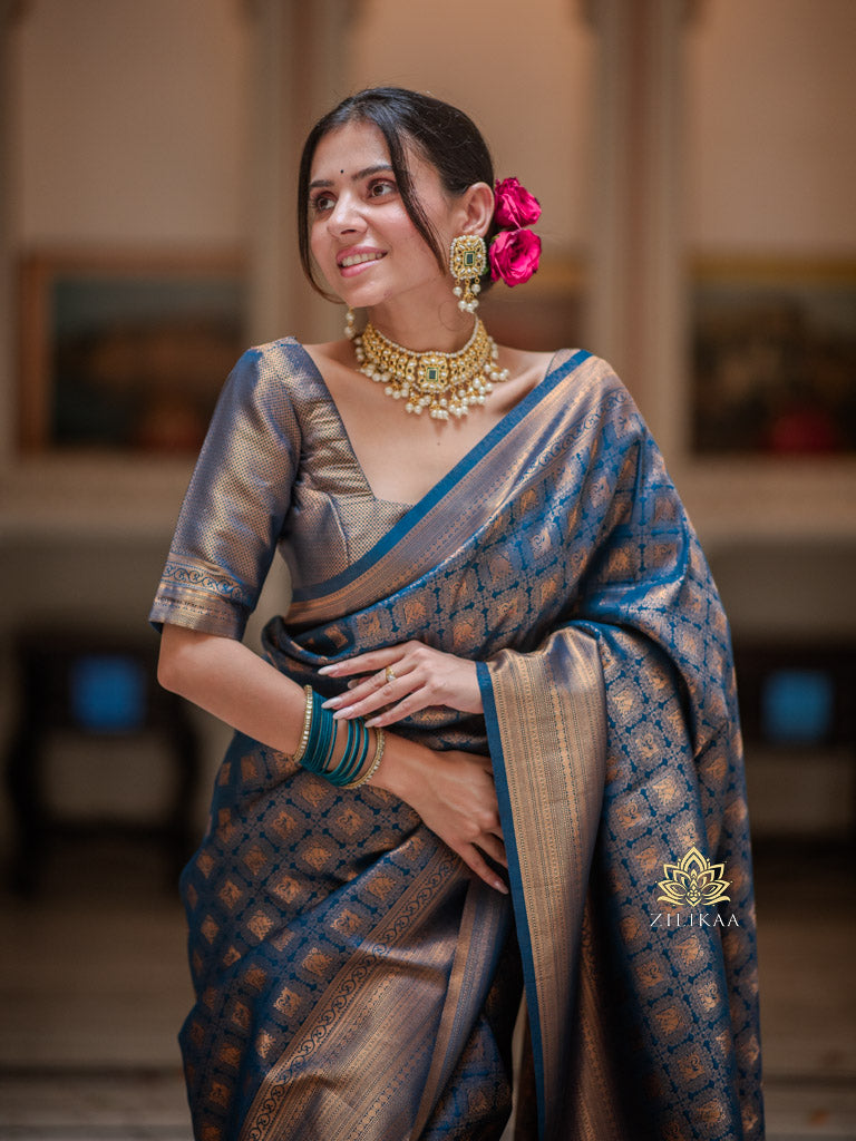 Peacock Blue Kanjeevaram Silk Saree