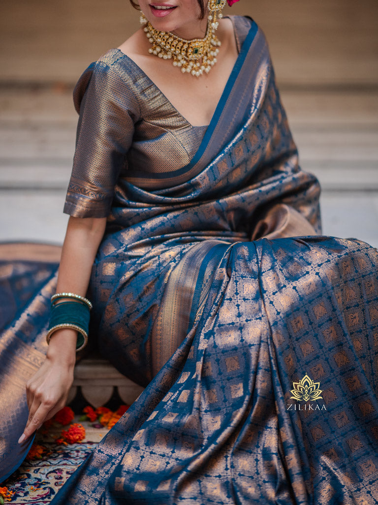 Peacock Blue Kanjeevaram Silk Saree