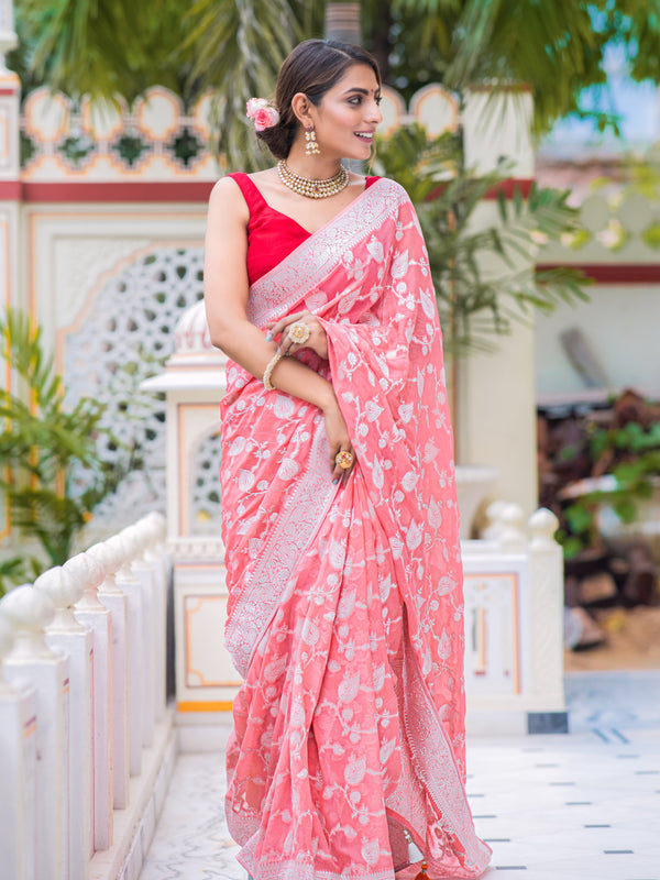 Salmon Coral Antique Silver Zari Khaddi Weaved Georgette Saree