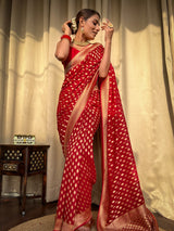Scarlet Red Banarasi Khaddi Weaved Georgette Saree