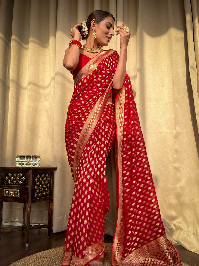 Scarlet Red Banarasi Khaddi Weaved Georgette Saree