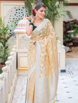 Daffodil Yellow Antique Silver Zari Khaddi Weaved Georgette Saree