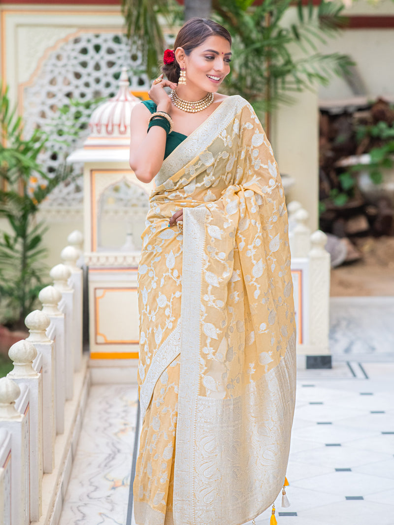 Daffodil Yellow Antique Silver Zari Khaddi Weaved Georgette Saree