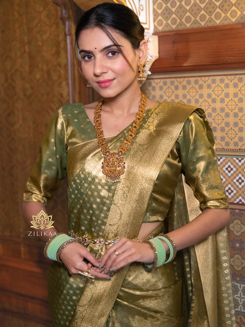 Olive Green Kanchipuram Tissue Silk Saree