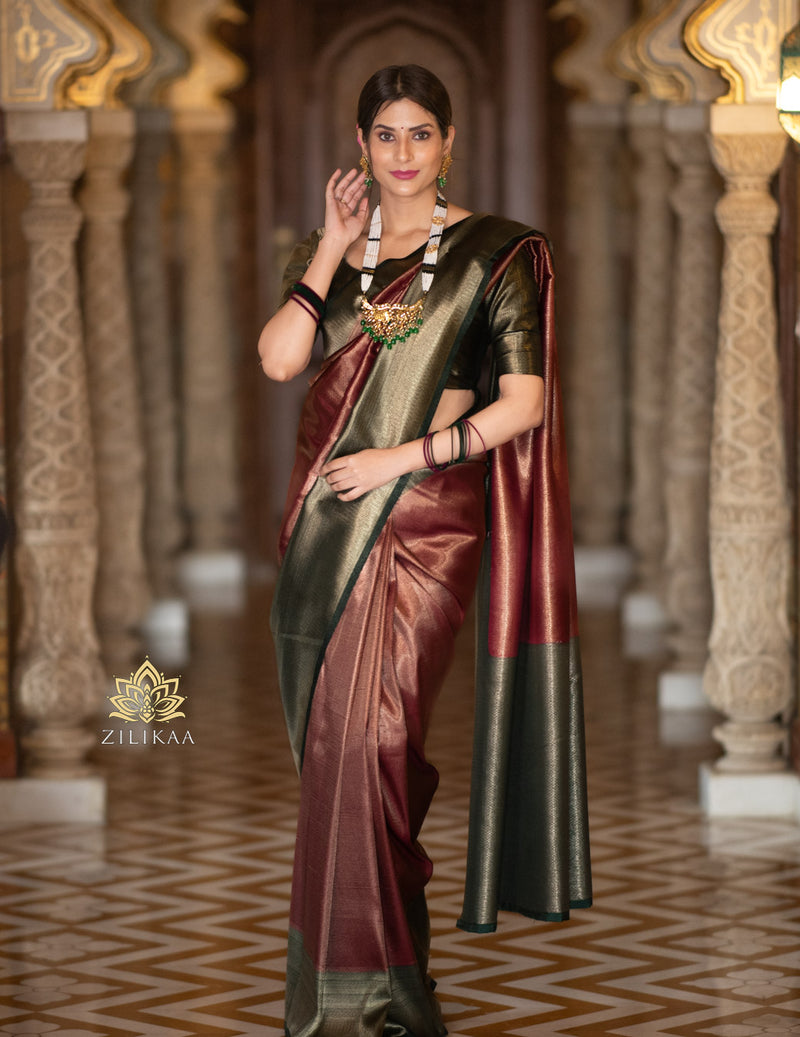 Maroon with Bottle Green  Kanchipuram Silk Saree