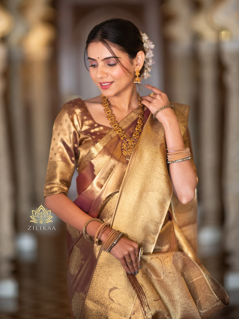 Caramel Gold Kanchipuram Tissue Silk Saree