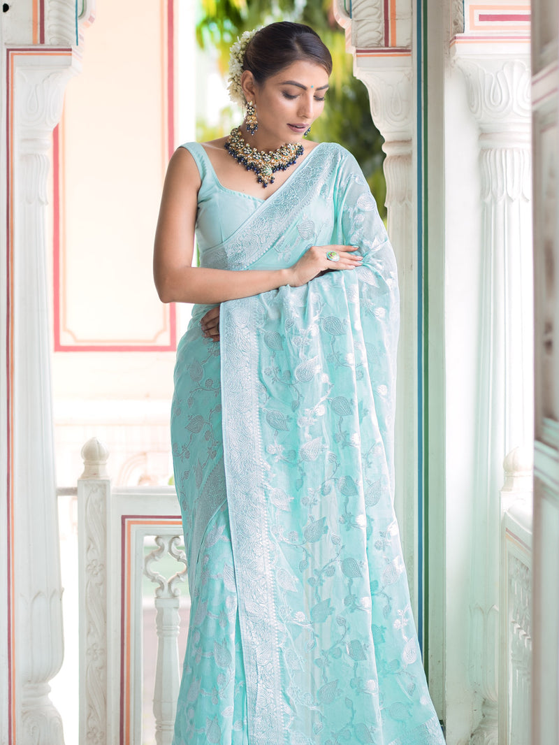 Arctic Ocean Blue Antique Silver Zari Khaddi Weaved Georgette Saree