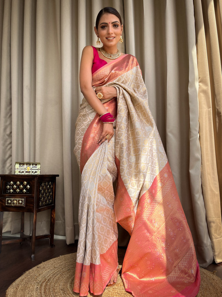 Bride Special Off White Banarasi Handloom Katan Silk Saree