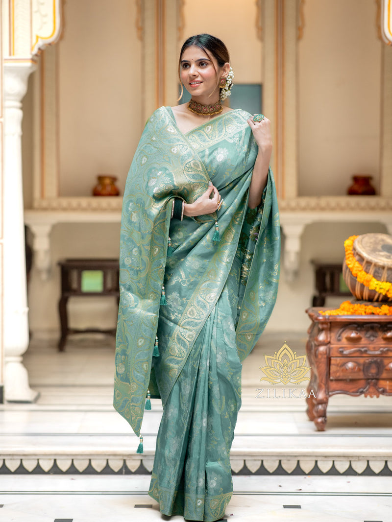 Turquoise Green Banarasi Uppada Silk Saree