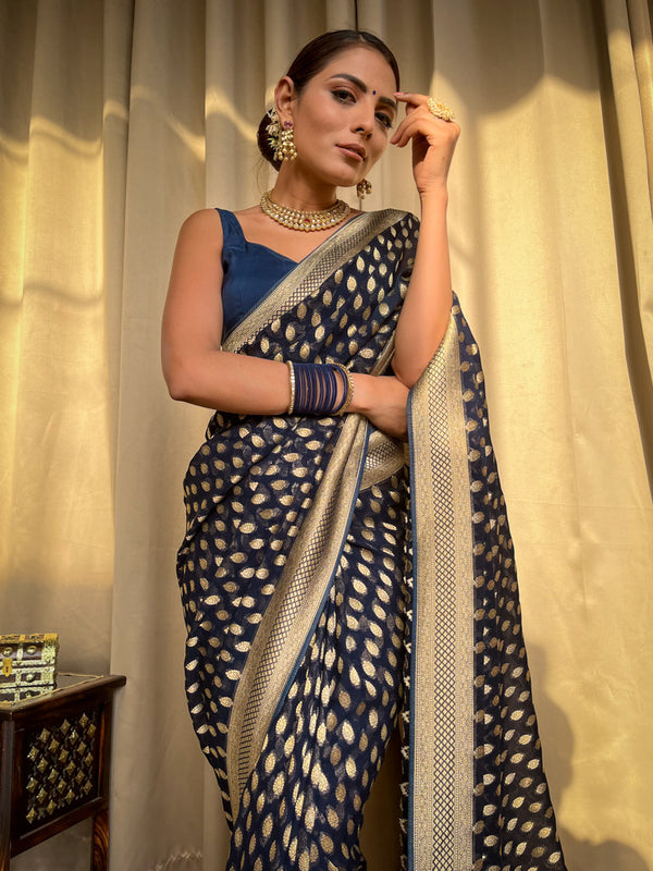 Midnight Blue Banarasi Khaddi Weaved Georgette Saree
