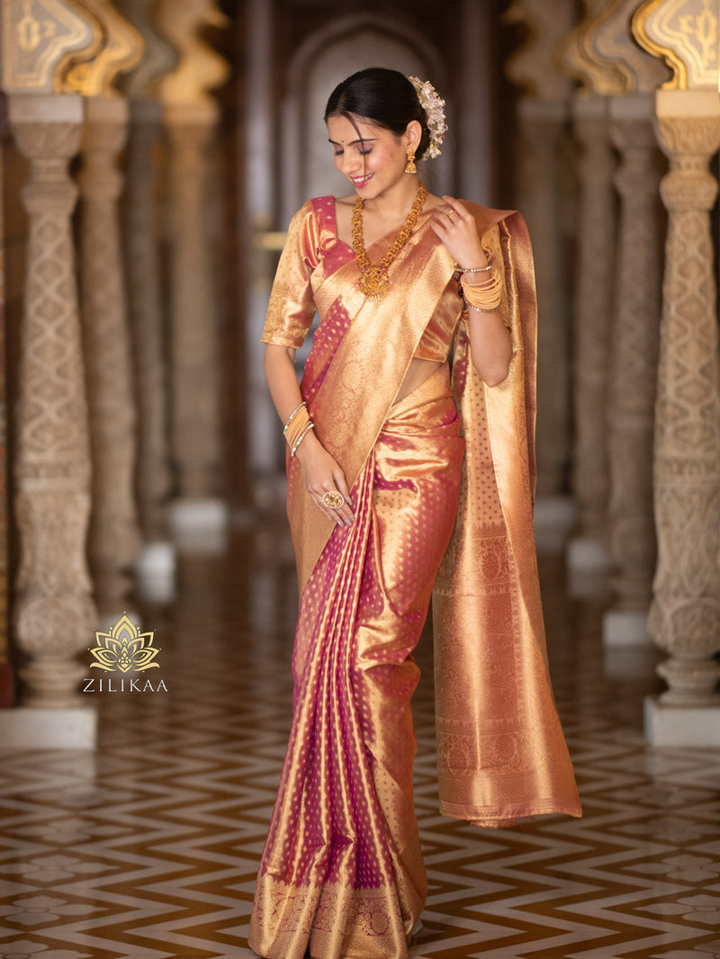 Salmon Pink Kanchipuram Tissue Silk Saree