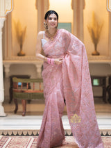 Salmon pink Gota Embroidery French Silk Saree