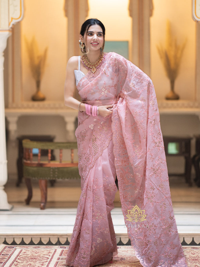 Salmon pink Gota Embroidery French Silk Saree