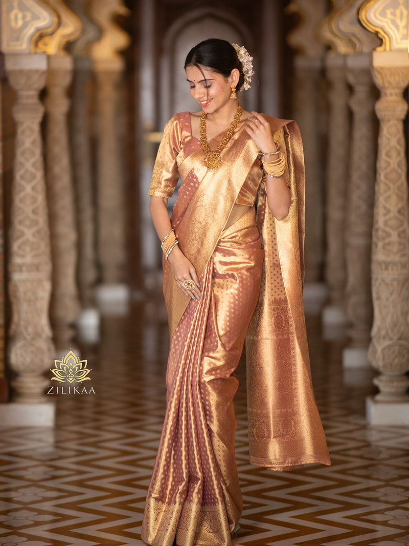 Caramel Gold Kanchipuram Tissue Silk Saree – Zilikaa