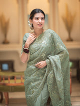 Fern Green Gota Embroidery French Silk Saree
