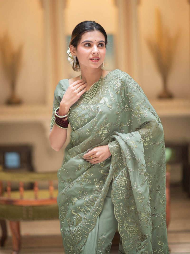 Fern Green Gota Embroidery French Silk Saree