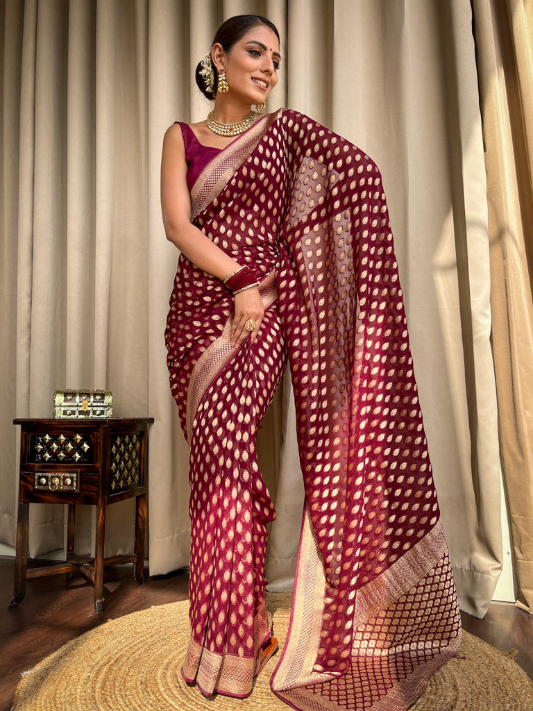 Sangria Wine Banarasi Khaddi Weaved Georgette Saree