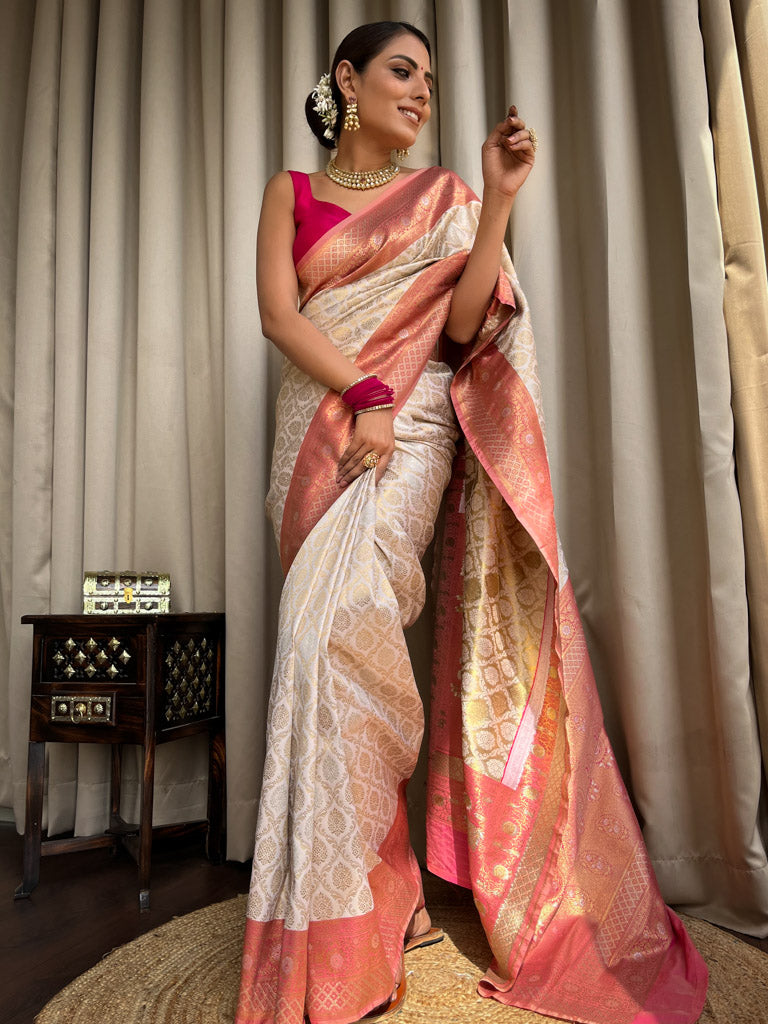 Bride Special Off White Banarasi Handloom Katan Silk Saree