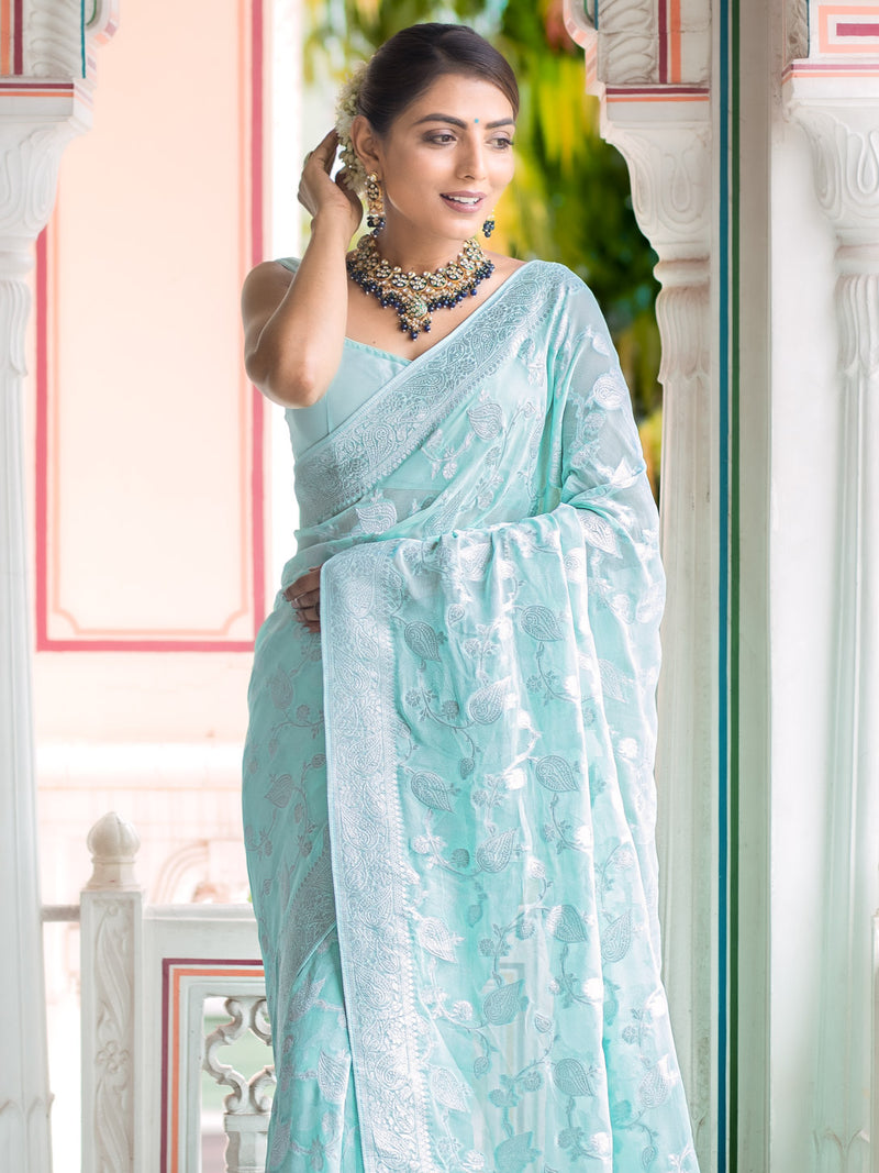 Arctic Ocean Blue Antique Silver Zari Khaddi Weaved Georgette Saree