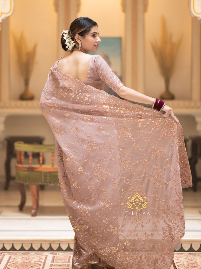 Orchid Pink Gota Embroidery French Silk Saree