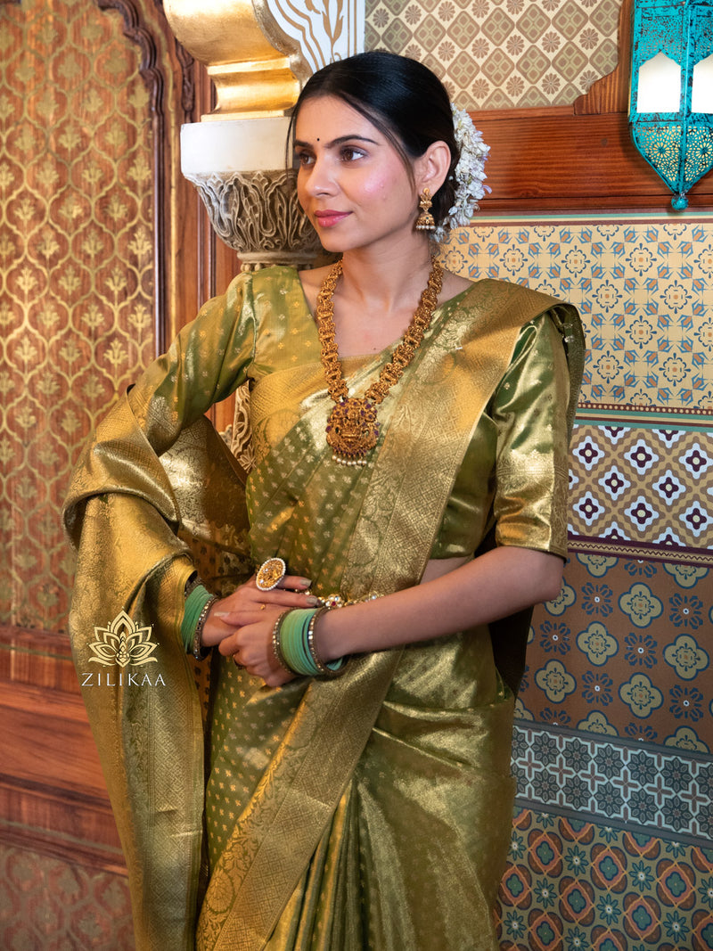 Olive Green Kanchipuram Tissue Silk Saree