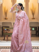 Salmon pink Gota Embroidery French Silk Saree