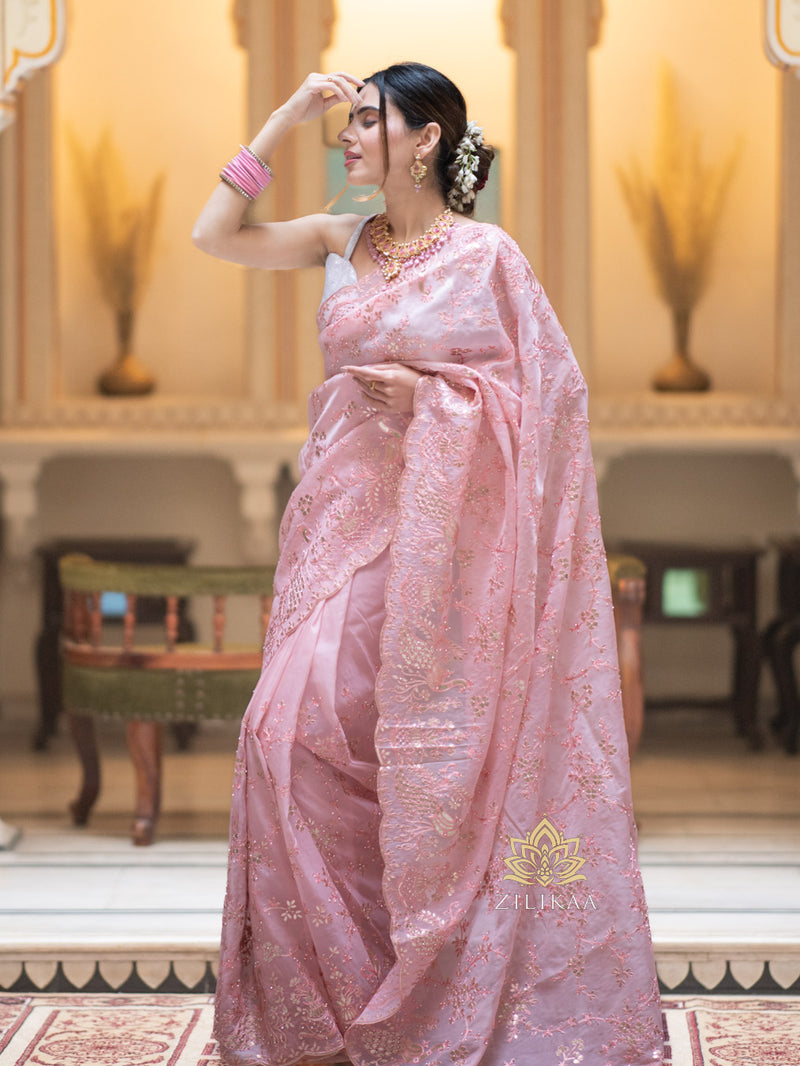 Salmon pink Gota Embroidery French Silk Saree