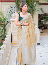 Daffodil Yellow Antique Silver Zari Khaddi Weaved Georgette Saree