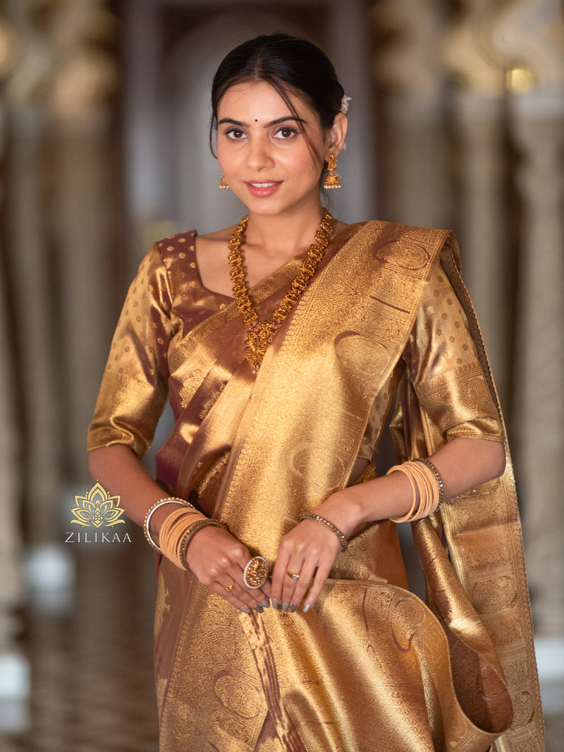 Caramel Gold Kanchipuram Tissue Silk Saree