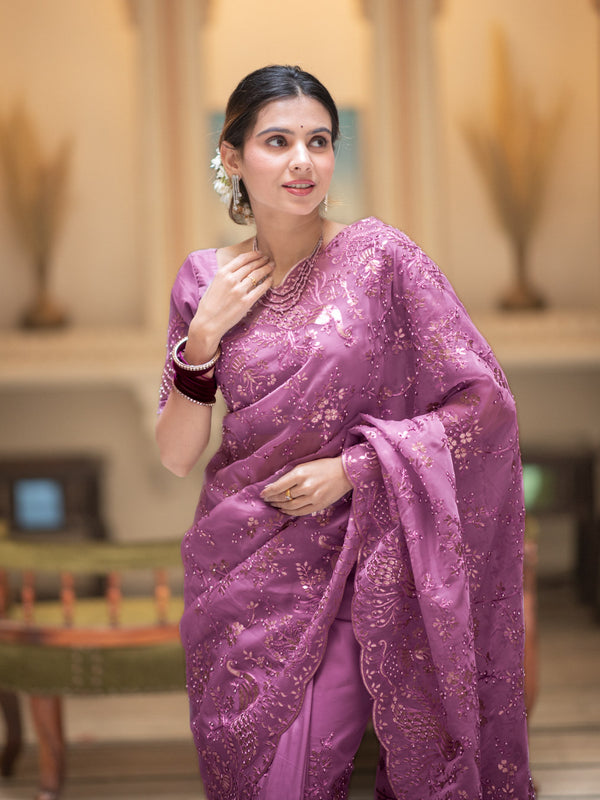 Fuchsia Pink Gota Embroidery French Silk Saree