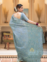 Aque Blue Gota Embroidery French Silk Saree