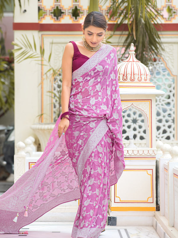 Fuchsia Purple Antique Silver Zari Khaddi Weaved Georgette Saree
