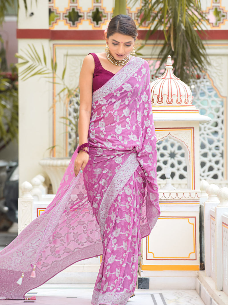 Fuchsia Purple Antique Silver Zari Khaddi Weaved Georgette Saree