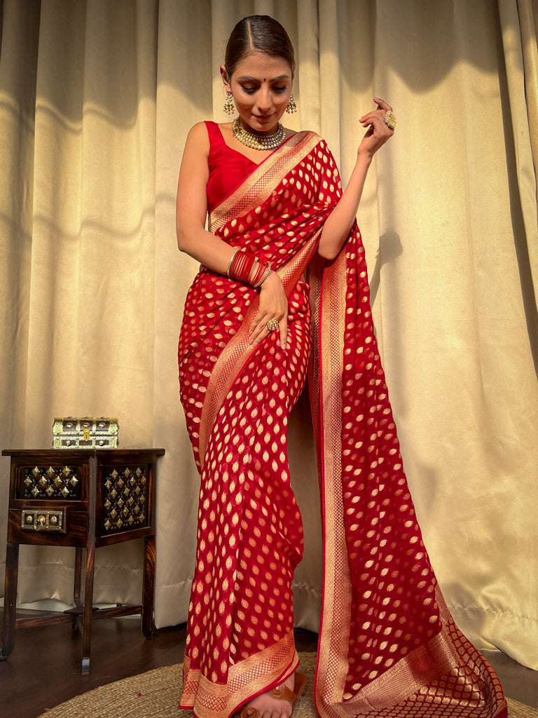Scarlet Red Banarasi Khaddi Weaved Georgette Saree