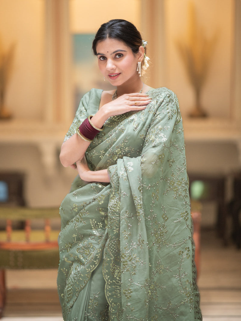 Fern Green Gota Embroidery French Silk Saree