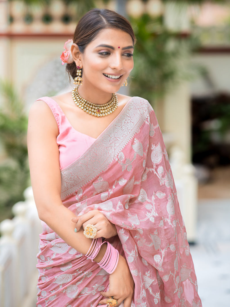 Salmon Pink Antique Silver Zari Khaddi Weaved Georgette Saree