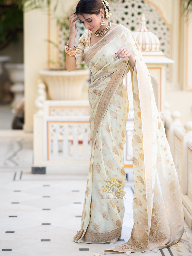 Ivory White Banarasi Khaddi Weaved Georgette Saree