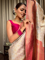 Bride Special Off White Banarasi Handloom Katan Silk Saree