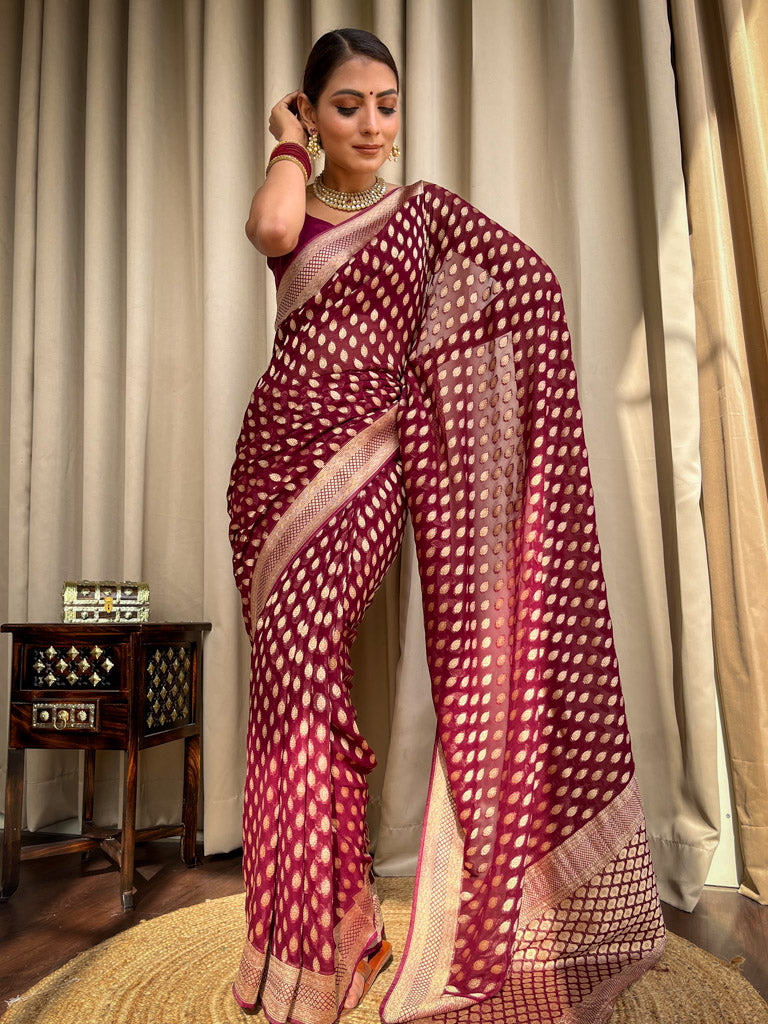 Sangria Wine Banarasi Khaddi Weaved Georgette Saree