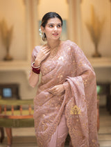 Orchid Pink Gota Embroidery French Silk Saree