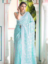 Arctic Ocean Blue Antique Silver Zari Khaddi Weaved Georgette Saree