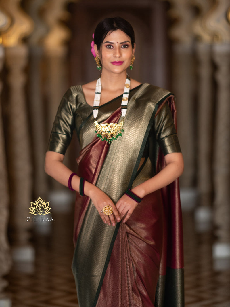 Maroon with Bottle Green  Kanchipuram Silk Saree