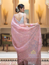 Salmon pink Gota Embroidery French Silk Saree