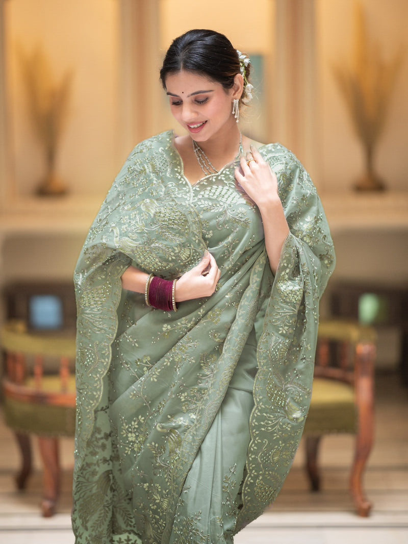 Fern Green Gota Embroidery French Silk Saree