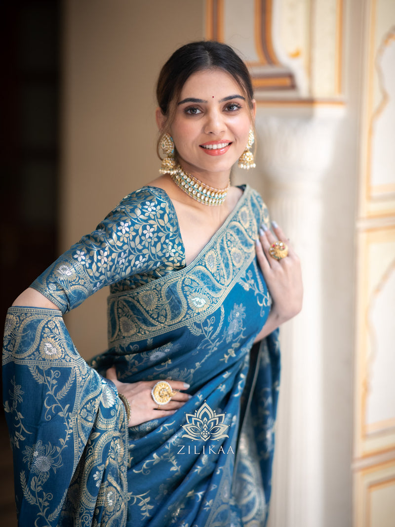 Teal Blue Banarasi Uppada Silk Saree