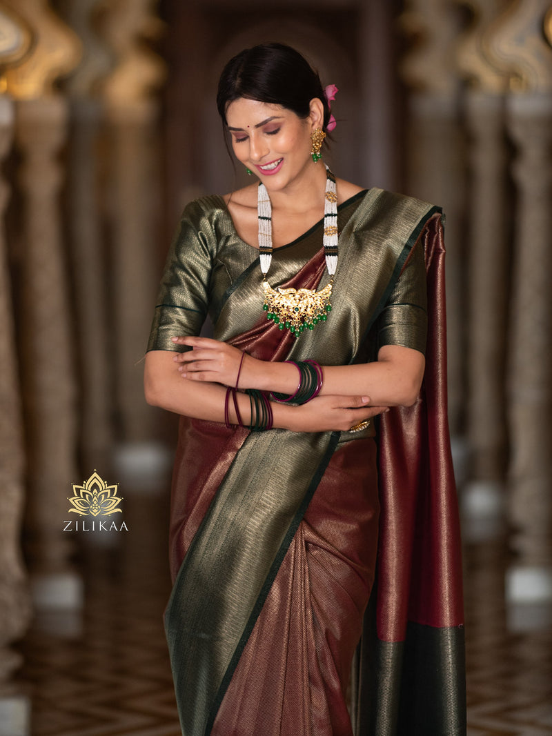 Maroon with Bottle Green  Kanchipuram Silk Saree