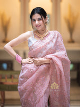 Salmon pink Gota Embroidery French Silk Saree