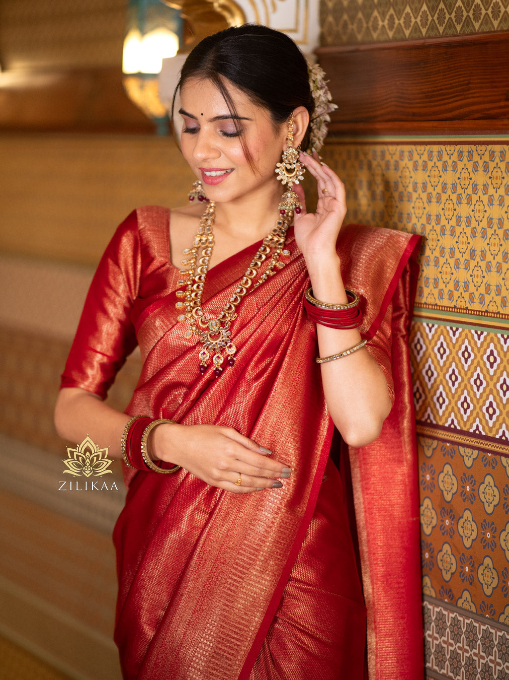 White and Red Kanchipuram Silk Saree main image 0