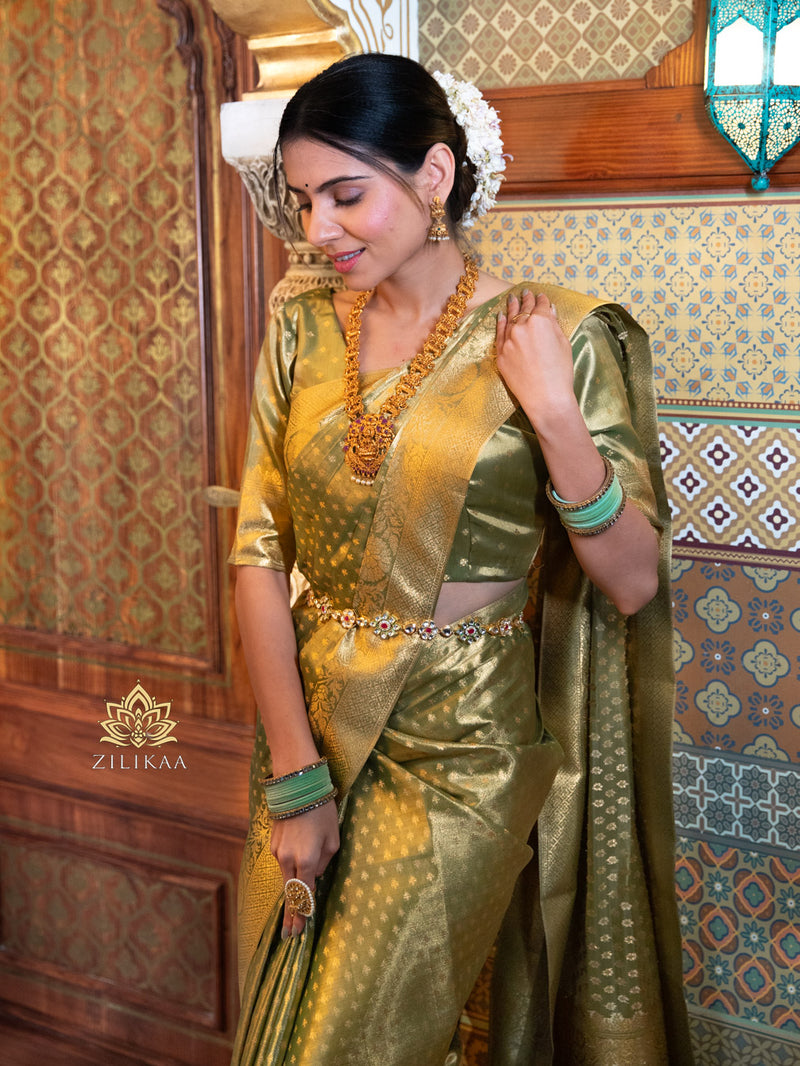 Olive Green Kanchipuram Tissue Silk Saree